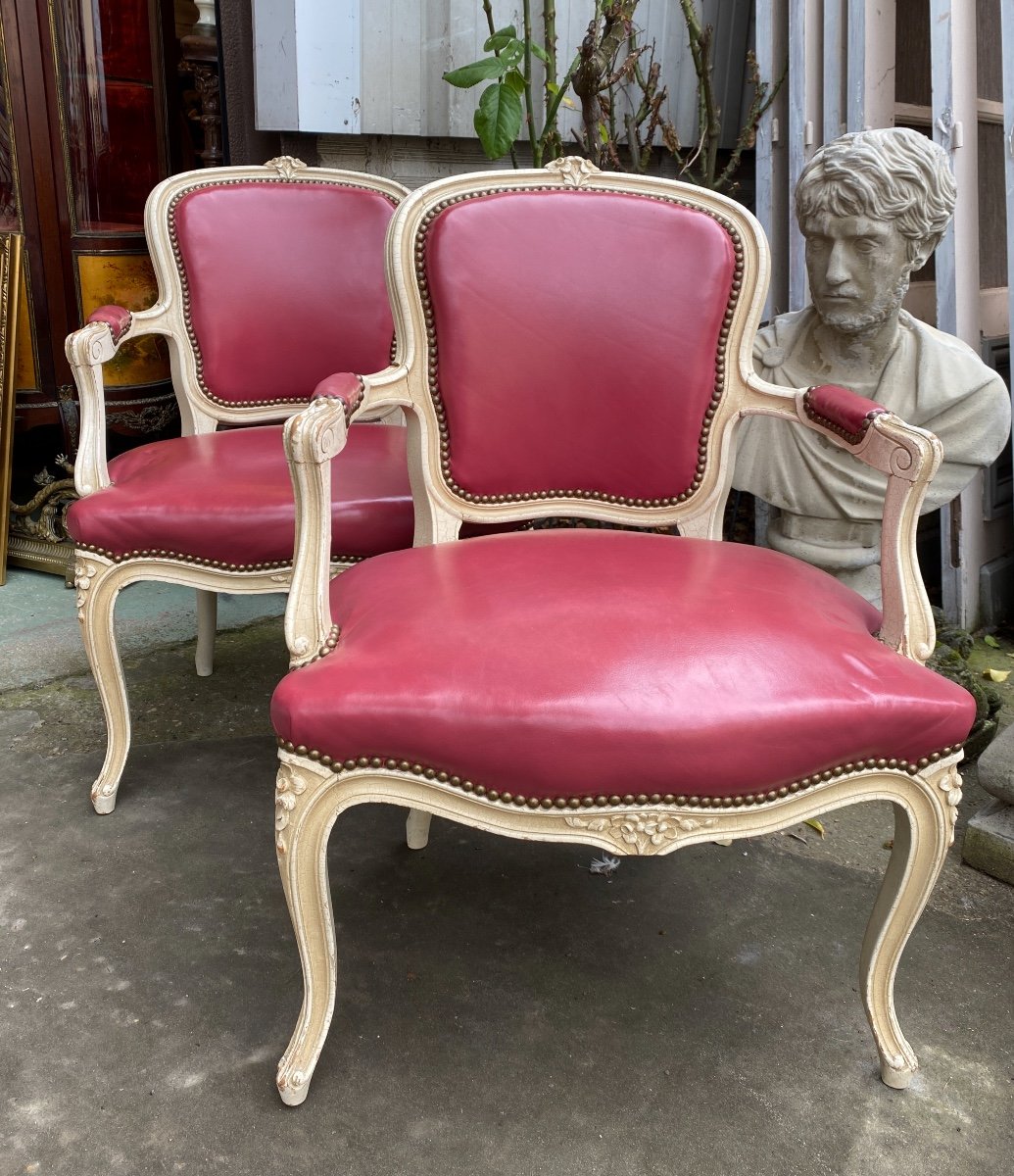 Pair Of Lacquered Louis XV Style Cabriolet Armchairs, Leather Upholstered