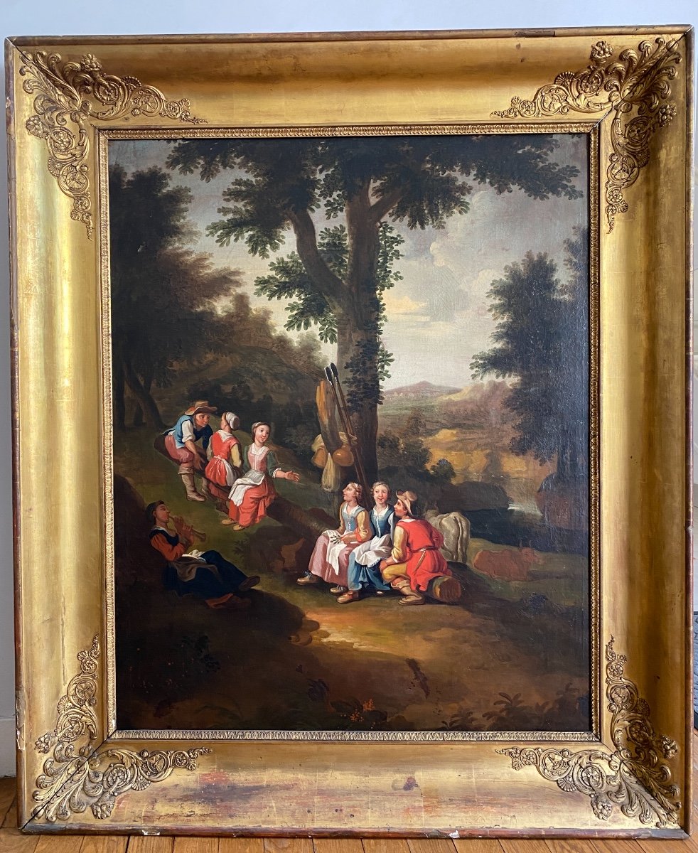 Grande Huile Sur Toile, Scène Champêtre, école Hollandaise 18ème 