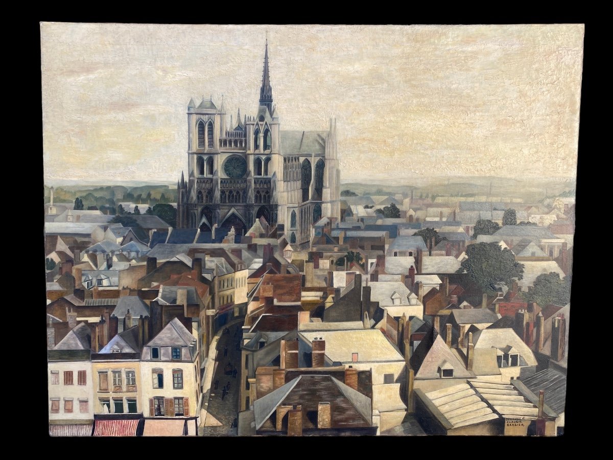 Large View Of Amiens Around 1950, Oil On Canvas, Cathedral, Roofs-photo-2