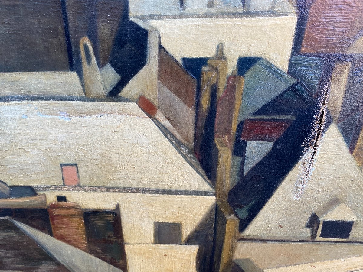 Large View Of Amiens Around 1950, Oil On Canvas, Cathedral, Roofs-photo-1