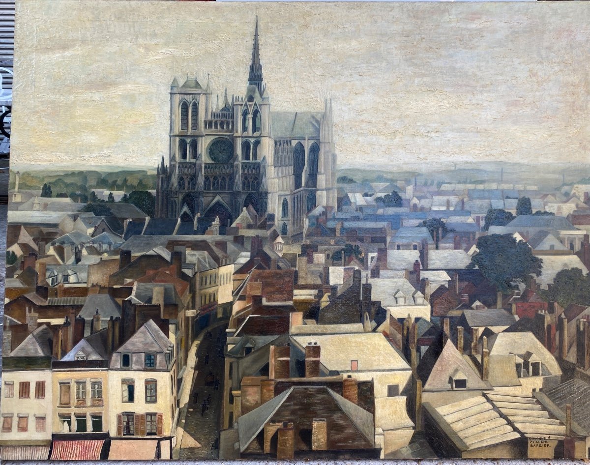 Large View Of Amiens Around 1950, Oil On Canvas, Cathedral, Roofs-photo-5