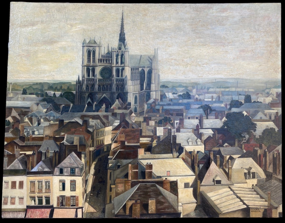 Large View Of Amiens Around 1950, Oil On Canvas, Cathedral, Roofs