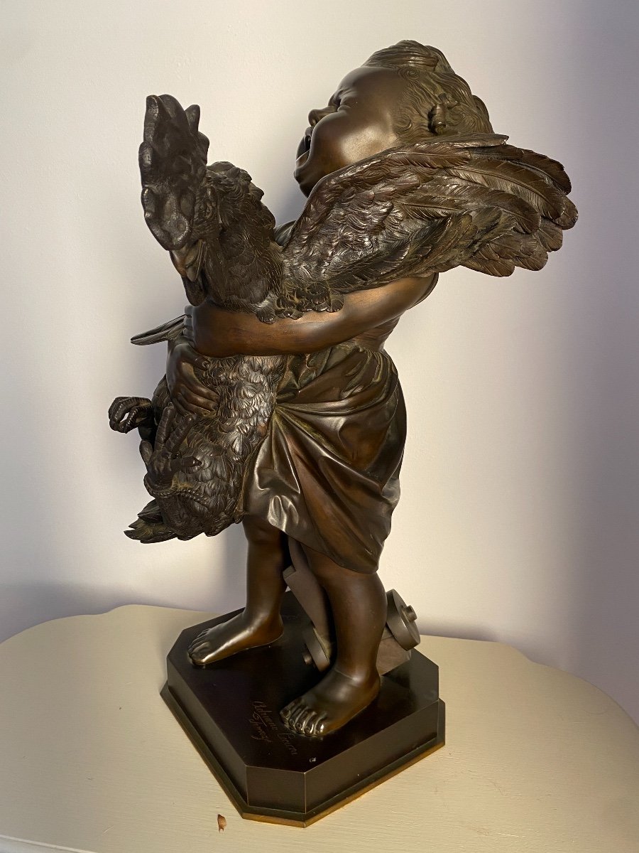Sculpture En Bronze XIXème, "l’enfant au coq" signé Adriano CECIONI (1838-1886) -photo-1