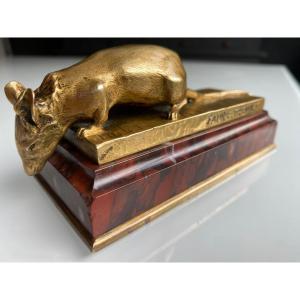 Mouse In Gilt Bronze, Cherry Red Marble Base Signed Faure / Fremiet, Barbedienne Foundry