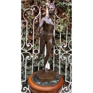 Large Female Subject In 19th Century Bronze "diane Chasseresse" Signed Houdon, F. Barbedienne Foundry