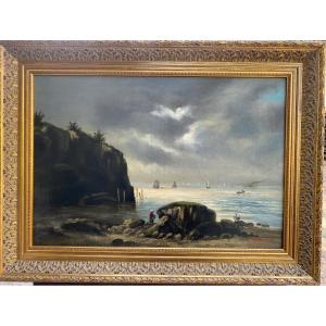 Oil On Canvas Signed, Late Nineteenth Century Seascape, Barbizon Frame