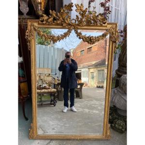 Large 19th Century Golden Mirror, Louis XVI Style With Flower Garlands