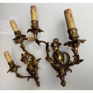 Pair Of Chinese Sconces, Louis XV Style In Bronze