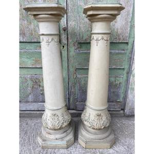 Pair Of Columns In Lacquered And Carved Wood Nineteenth