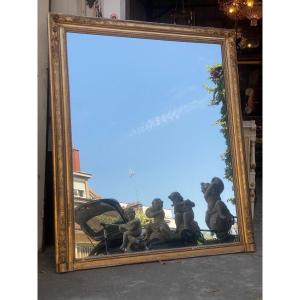 Miroir De Cheminée XIXème En Bois Et Stuc Doré, Glace Au Mercure 