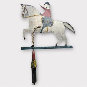 Girouette / épis De Faîtage En Métal Peint à Décor D’un Cavalier à Cheval, équitation, écurie…