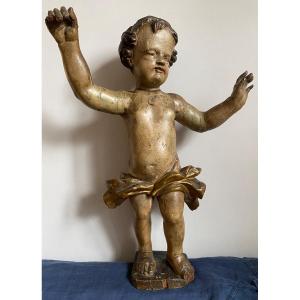 Angel / Putti In Polychromed Carved Wood 17th Century