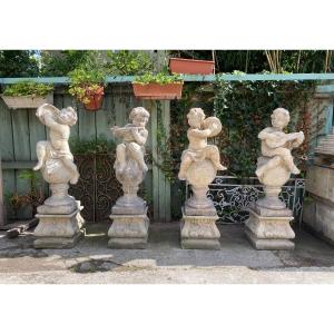 4 Garden Statues / Musician Angels In Reconstituted Stone