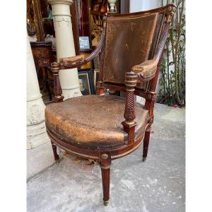 Louis XVI Style Office Armchair In Mahogany, Decorated With Bronzes, Leather, 19th Century