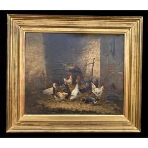 Scène De Basse-cour, Poules , Signée Raymond Noël Esbrat (1809-1856).