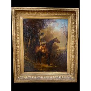 Old Painting, Rider On Horseback, Hunting In The Forest, 19th Century