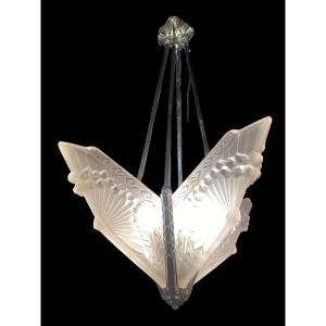 Chandelier With Plates / Silver Bronze Frame, Art Deco Period 1930, Signed Schneider