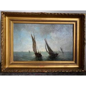 Beautiful Marine On 19th Century Mahogany Panel, Signed, Golden Frame, Sailboats,…