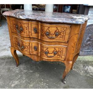 Louis XV Style Curved Commode In Marquetry, Stamped 