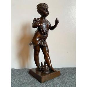 Sujet En Bronze XIXème , Petite Fille à La Poupée Et L’œuf De Pâques Signé Léon Pilet