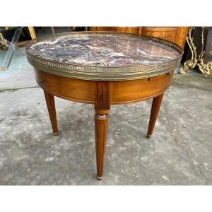 Table Basse Bouillotte De Style Louis XVI, Plateau Marbre De Couleur, Galerie Laiton 