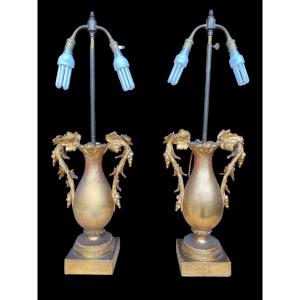 Pair Of Lamps In Wood And Golden Stucco, Napoleon 3 Period