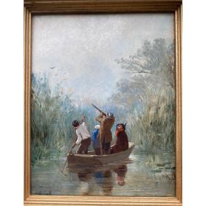 Oil On Wood 19th Century, Duck Hunting In The Marsh, Signed évariste-vital Luminais 