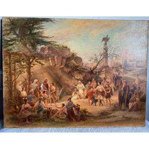 Oil On Ancient Orientalist Canvas, Ancient Scene, Religious Characters 