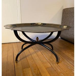 Jansen Coffee Table Circa 1960, Black Lacquered Wood Legs / Sheet Metal Top 