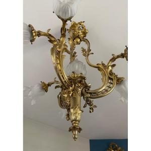 Lustre En Bronze De Style Louis XV, Rocaille , époque Napoléon III 