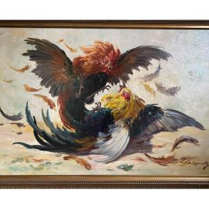 Large Painting Late 19th Century, Cockfight Signed Edmond Van Coppenolle (1843/46 - 1915)