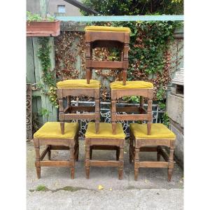 6 Rustic Stools Late 19th, Upholstered Seat 
