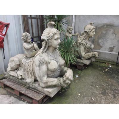 Sphinxes Pair To Puttis Reconstituted Stone, Statue Garden