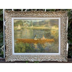 Oil On Canvas, Impressionist Landscape, Reproduction Of A Work By Renoir "la Barque"