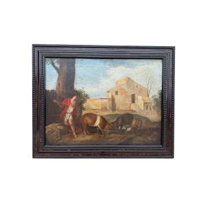 Huile sur toile religieuse fin 18ème , l’enfant prodigue et ses cochons 