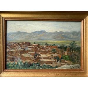 Orientalist Painting, Moroccan Landscape, View Of The Atlas Signed Georges Maroniez (1865-1933)
