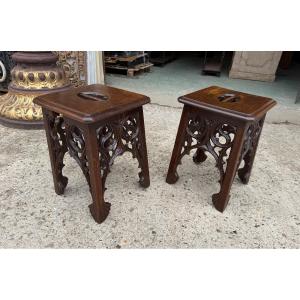 Pair Of Gothic Style Stools In Carved And Openwork Oak, To Be Restored 