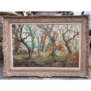 Large Signed Oil On Canvas Depicting An Autumn Forest, Montparnasse Frame