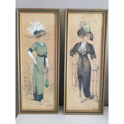 2 Fashion Drawings Watercolors 1900s, Signed