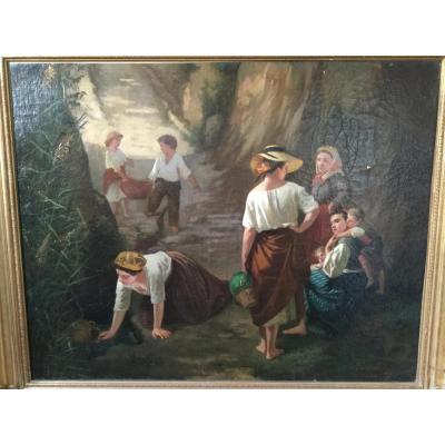 Large Oil On Canvas XIX, "down To La Source" Signed