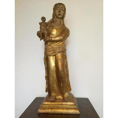 Grande Vierge à l'Enfant XVIIIème Siècle,en Bois Sculpté Doré Et Polychrome 