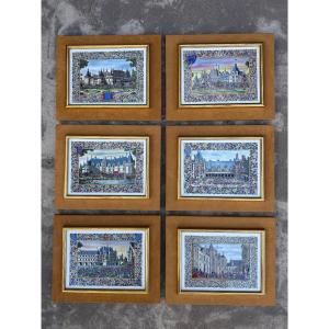 Suite de 6 plaques en porcelaine polychrome représentant les châteaux de la Loire