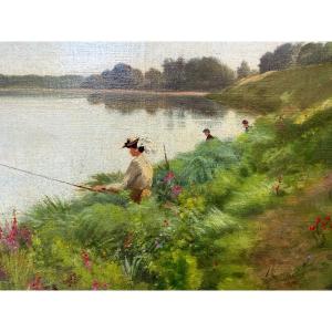 Countryside Landscape, Fishermen By The River, Late 19th Century, Signed
