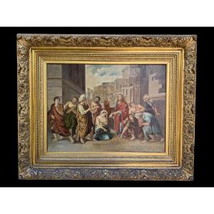 Tableau religieux, le Christ et L'hémorroïsse daté 1886 et signé Juliette VASSEUR 