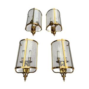 4 Louis XVI-style Brass Wall Sconces Shaped Like Half-lanterns.