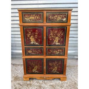 Mahogany Tv Stand With Red Chinese Lacquer Panels, Circa 1960