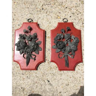 Pair Of Decorative Panels In Pewter, Decor Floral XIX