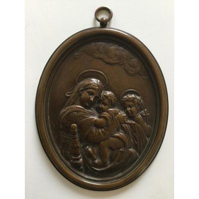 Plaque / Médaillon In Bronze XIXth, Virgin And Child Signed F. Barbedienne