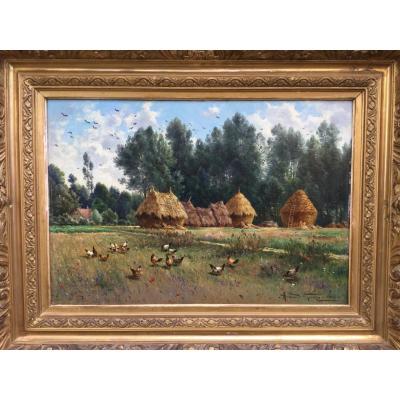 Country Landscape, Haystacks, Chickens, Near The Village Of Pontgivart 51, Reims, Marne