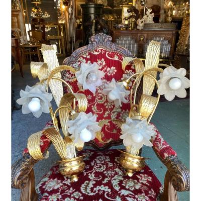 Pair Of Golden Metal Sconces Decorated With Foliage And Glass Flowers